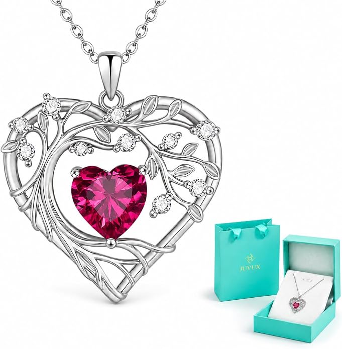 Tree of Life Birthstone Pendant Necklace - 925 Sterling Silver Heart Cubic Zirconia Diamond Women Pendant Necklaces for Her Daughter Girlfriend Birthday Gift Ideas for Wife Mom for Valentines Day
