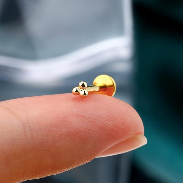 Cocharm 14K Gold Triple Ball Threadless Tragus Earrings 16g Push in Flat Back Helix Piercing