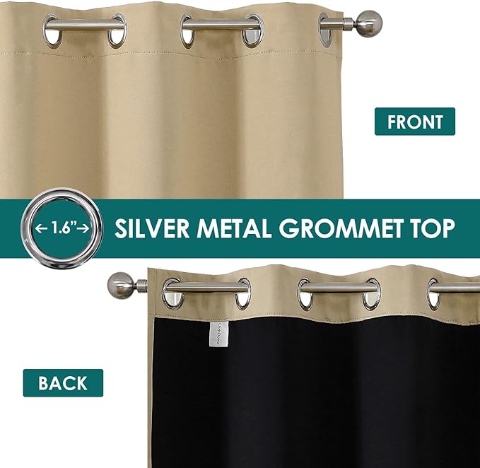 ChrisDowa 100% Blackout Curtains for Bedroom 2 Panels Set with Black Liner | 2 Thick Layers, Thermal Insulated, Light Blocking, Grommet, Window Treatment, Living Room Drapes, Beige, 52 x 45 Inch