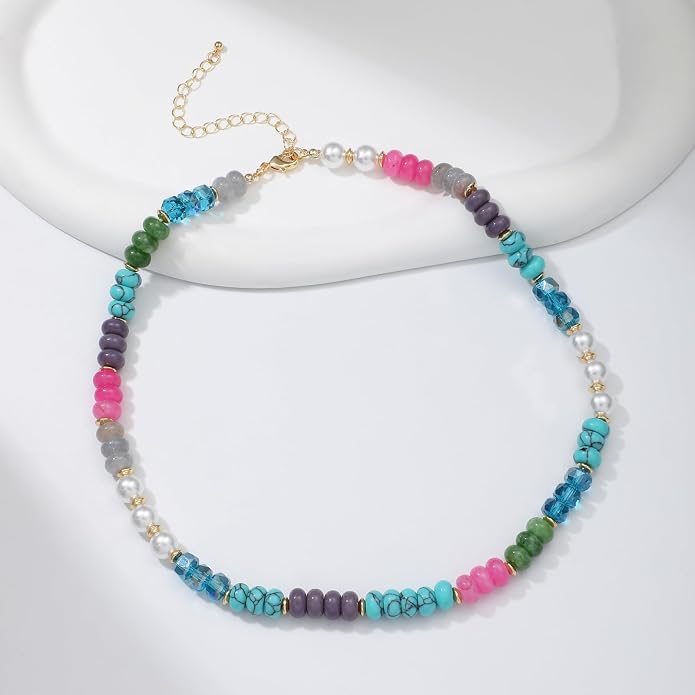 LALAPPLE Colorful Beaded Gemstone Necklace for Women, Boho Rainbow Bead Choker with Natural Stone Crystal Beads, Handmade Summer Beach Necklace Jewelry