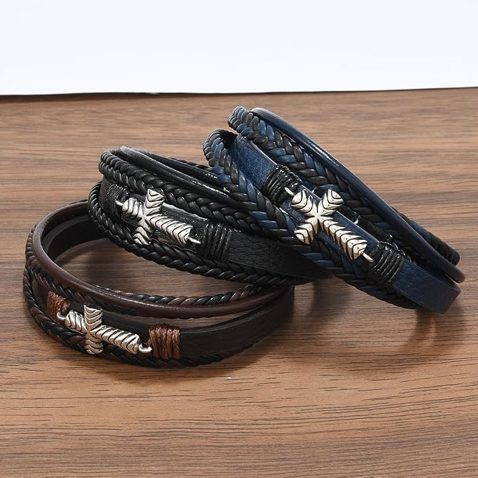 Men's Cross Leather Bracelet Vintage Christian Religious Faith Cuff Bangle Multi-Layer Braided Genuine Leather Wrap Wristband with Stainless Steel Clasp Jewelry for Women Him or Her
