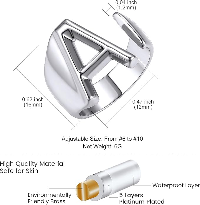 KeyStyle Bold Initial Letter Rings Adjustable, GoldChic Jewelry Women Gold Statement Ring Personalized Engraved Women’s Open Signet Ring for Party (Gold, White Gold, Black)