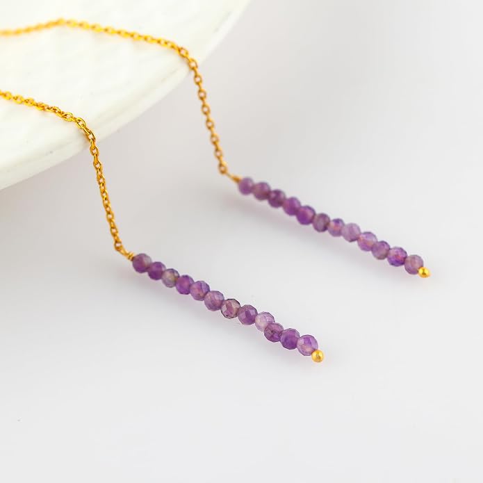 Natural Gemstone Threader Earrings for Women - Dainty 2mm Faceted Beads - Birthstone Crystal Drop Earrings - Silver Plated Healing Jewelry