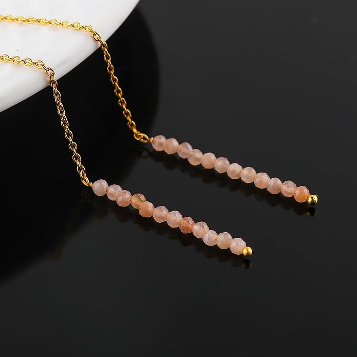 Natural Gemstone Threader Earrings for Women - Dainty 2mm Faceted Beads - Birthstone Crystal Drop Earrings - Silver Plated Healing Jewelry
