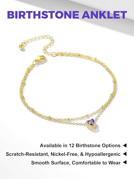 Richsteel Double Layer Heart/Butterfly Birthstone Anklet for Women Non Tarnish Waterproof, Silver/Gold/Black Stainless Steel 8.5-10.5 Inch Adjustable Chain Anklets Jewelry Gifts for Her