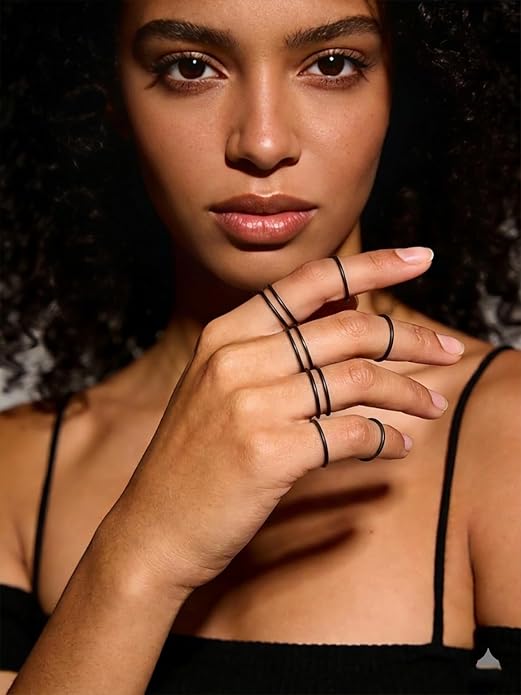 FOCALOOK 28 PCS Knuckle Ring Set 1MM Stainless Steel Women's Thin Plain Band Stacking Midi Finger Rings Set Comfort Fit Silver/Black/Gold/Rose Tone Size 4-10