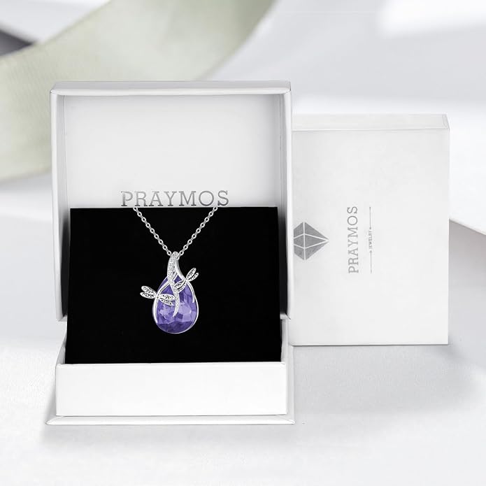 PRAYMOS S925 Sterling Silver Birthstone Necklaces for Women Dainty CZ Necklace Dragonfly Pendant Minimalist Jewelry Gift