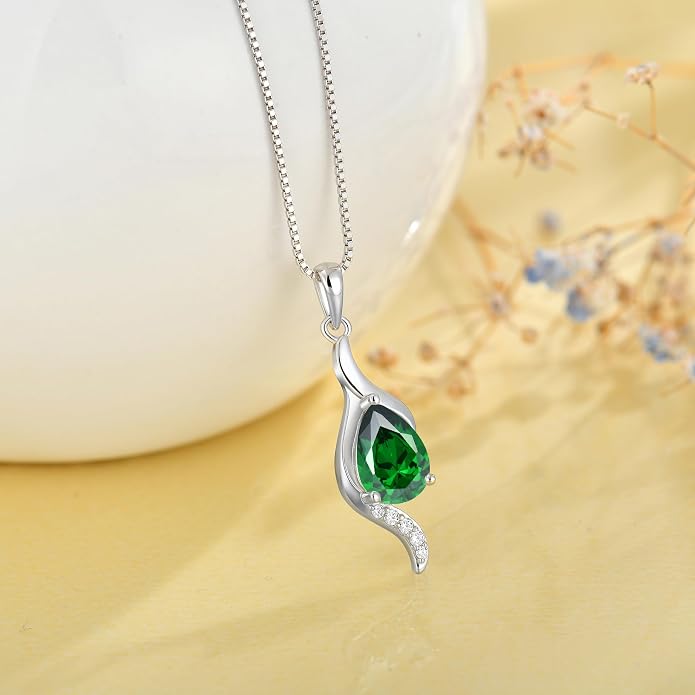 JO WISDOM Birthstone Necklace for Women Teardrop Cubic Zirconia Necklace 925 Sterling Silver Fine Jewelry Birthday Gifts for Women