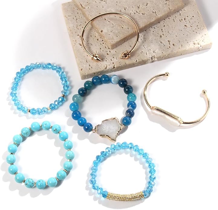 Yomisa 5PCS 6PCS Natural Boho Beaded Bracelets/Bangle for Women Men,Healing Turquoise Jasper Agate Crystal Gemstone Stone Chakra Multilayer Wrap Bohemian Handmade Jewelry Beads Stretch Bracelet Set