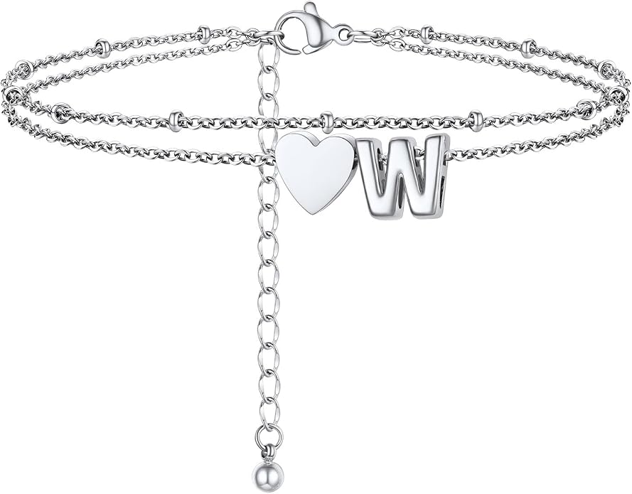 Initial Ankle Bracelets for Women, Dainty Stainless Steel Letter A-Z Layered Anklets, Heart Ankle Bracelet 8.5"-10.5" Adjustable, Summer Beach Jewelry, Come with Box