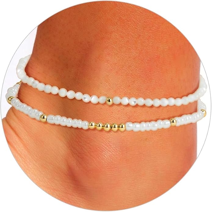 Boho Gold Anklet Bracelets for Women, Waterproof Beach Layered Pearl Beaded Turquoise Anklets Set Handmade Jewelry Gift