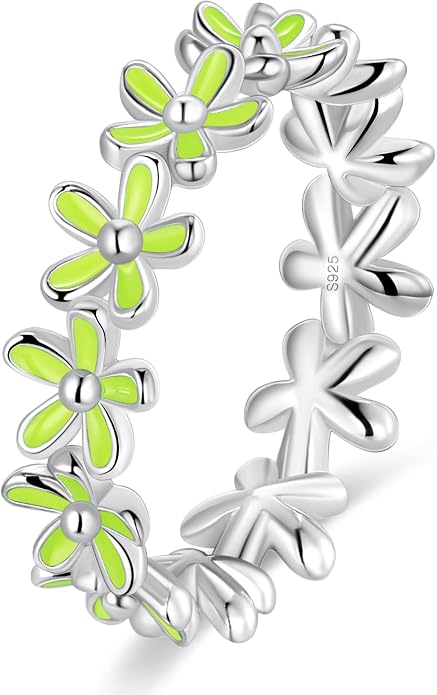 S925 Sterling Silver Dainty Daisy Flower Rings for Women, I Think Of You Every Daisy, 12 Month Birth Flower Ring