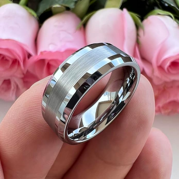 TUTISS 6mm 8mm Silver/Black/Gunmetal/Gold Tungsten Rings for Men Women Fashion Jewelry Engagement Wedding Bands Matte Polished Shiny Beveled Edges Comfort Fit