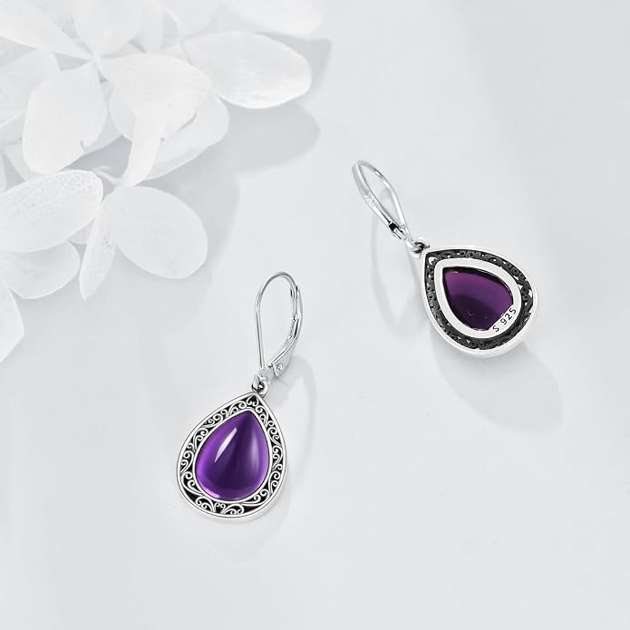 Moonstone/Lapis Lazuli/Peridot/Amethyst/Pink Teardrop Earrings for Women Sterling Silver Filigree Dangle Earrings Leverback Earrings Jewelry Gifts for Women