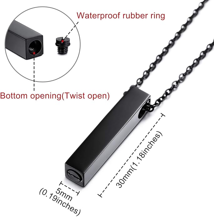 MeMeDIY Personalized 3D Vertical Cuboid Bar Pendant Urn Necklace Engraving Name/Date Customized Birthstones for Men Women Pet Stainless Steel Ashes Memorial Keepsake Cremation Funnel Kit