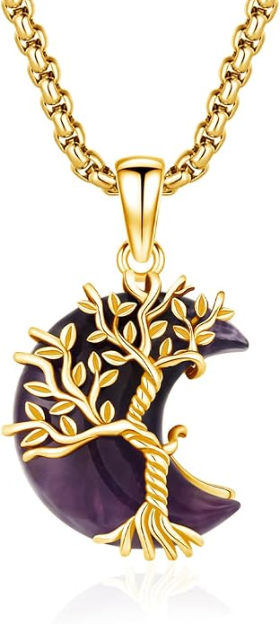 925 Sterling Silver Tree of Life Necklace, Crescent Moon Pendant with Amethyst, Moon Crystal Healing Jewelry Gift for Women