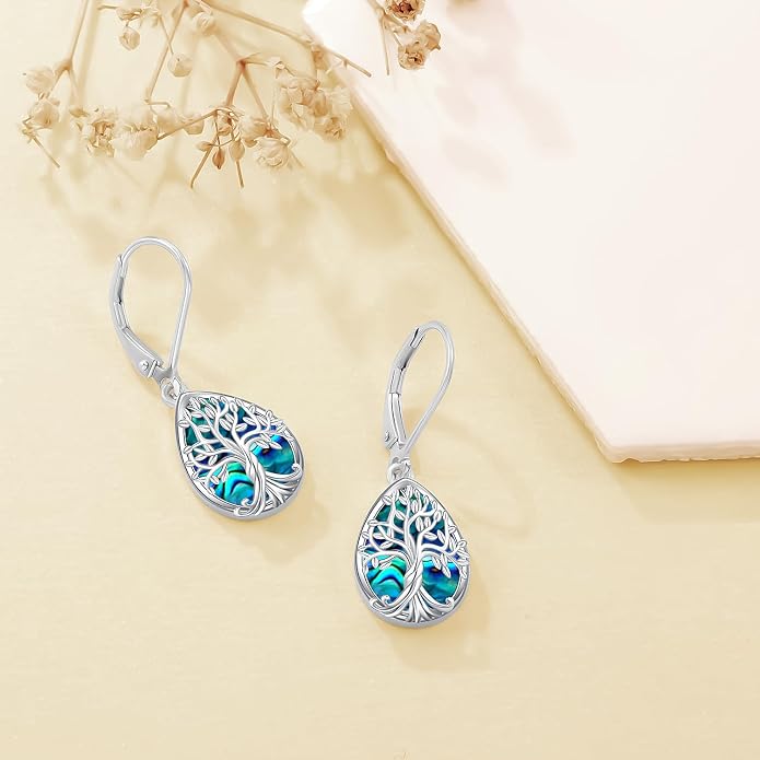 Odinstone 925 Sterling Silver Earrings Tree of Life Teardrop Moonstone Dangle Drop Leverback Earrings for Women