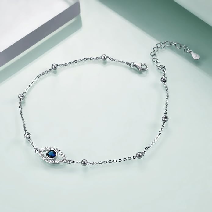 Rnivida 925 Sterling Silver Anklet for Women, Dainty Cross, Evil Eye, Anchor, Wave Beads Chain Ankle Bracelet