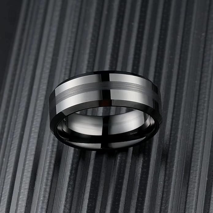 King Will Classic Tungsten Carbide Ring Brushed Two Grooved Center Hammered Design Mens Wedding Band for Men