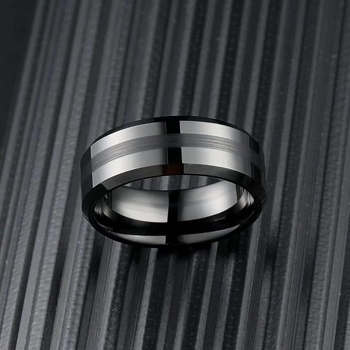 King Will Classic Tungsten Carbide Ring Brushed Two Grooved Center Hammered Design Mens Wedding Band for Men