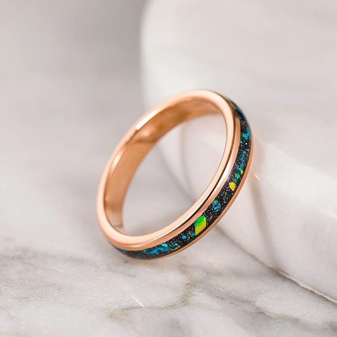 TRUMIUM 4mm 6mm Wedding Rings for Men Women Tungsten Carbide Galaxy Opal and Sandblast Inlay Multi-Colored Mens Wedding Band Beveled Edges Comfort Fit Size 5-13