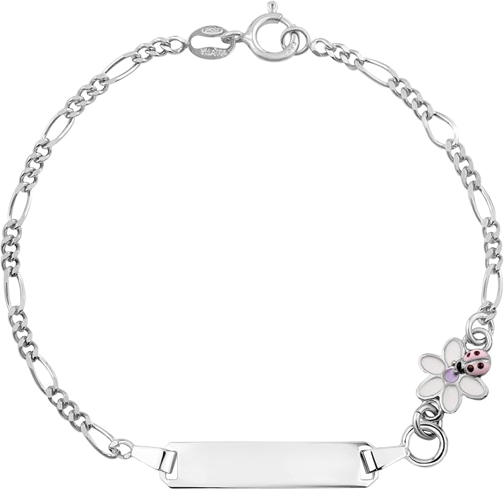 UNICORNJ 925 Italy Sterling Silver Child or Baby Name Bracelet Girls Boys, Personalized Engraved Kids ID Bracelets, 6.5" Figaro Chain, Enamel Charm Newborn Infant Toddler Kid Jewelry