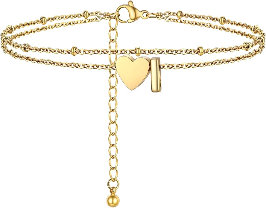 Initial Ankle Bracelets for Women, Dainty Stainless Steel Letter A-Z Layered Anklets, Heart Ankle Bracelet 8.5"-10.5" Adjustable, Summer Beach Jewelry, Come with Box