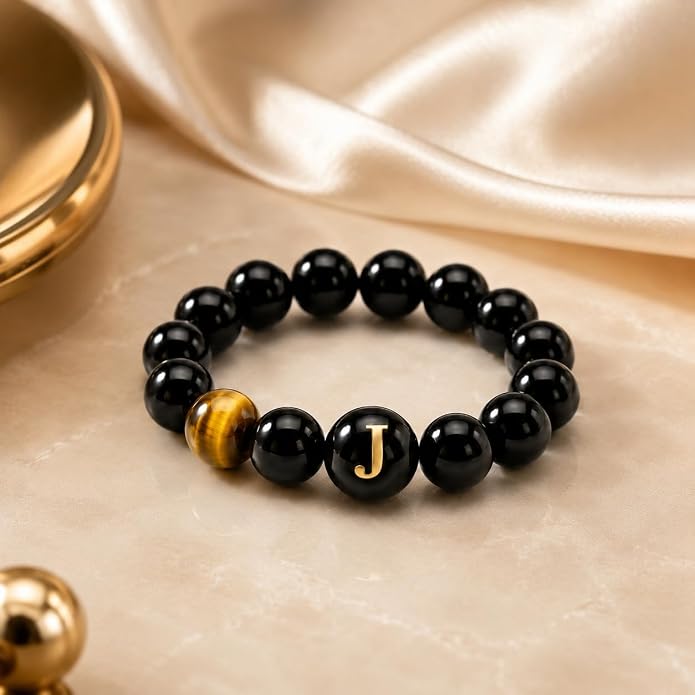 Initial Ring for Women, Black Onyx Beaded Stretch Letter Ring | Personalized-style A-Z initial ring with black onyx beads, shell letter bead, stretch fit, and gift-ready box