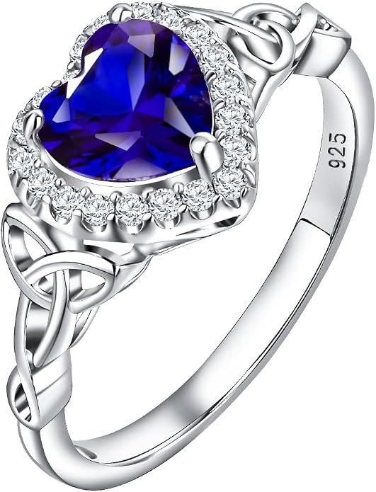 DAYBYDAY Celtic Birthstone Rings for Women 925 Sterling Silver Heart/Round/Pear/Oval Created Gemstone Moissanite Halo Engagement Promise Rings for Her Wife Birthday Anniversary Wedding Jewelry