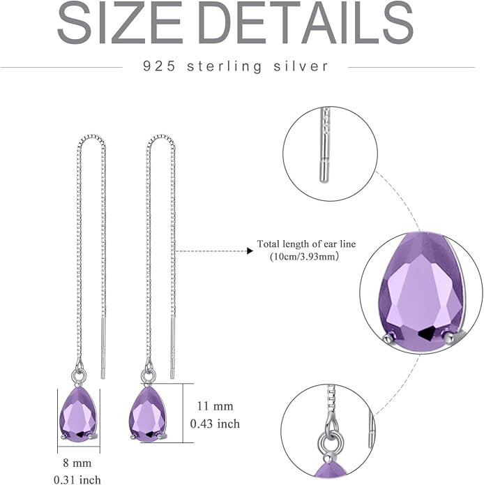 925 Sterling Silver Threader Drop Long Box Chain Ear Line Earrings with 11 * 8mm Birthstone Crystals, Birthday Jewelry Gifts for Women