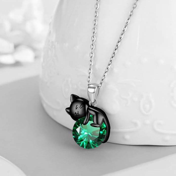 Cat Necklace Sterling Silver Cat Zircon Pendant Gothic Jewelry for Women Animal Lovers Gifts