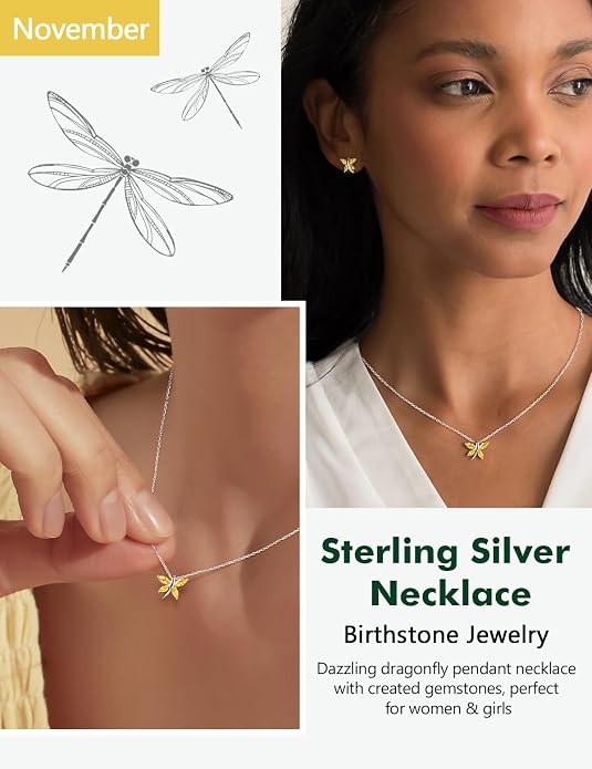 925 Sterling Silver Birthstone Necklaces for Women, Dainty Cute Dragonfly/Butterfly Pendant Necklace, Great Christmas/Anniversary Jewelry for Mother
