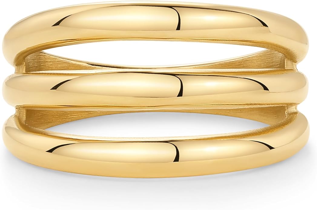 PAVOI 14K Gold Plated Chunky Curved Triple Stackable Ring for Women - Stainless Steel Three in One Statement Rings - Waterproof Thick Multi-Bands
