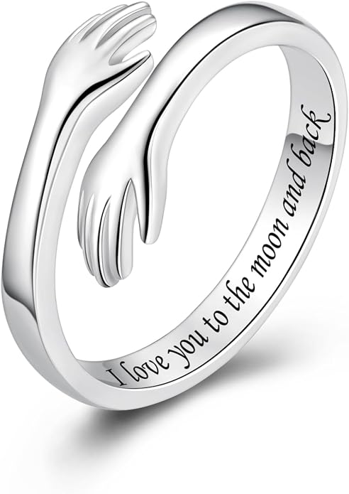 S925 Sterling Silver Hug Rings for Women Teen Girls Adjustable Ring for Granddaughter Daughter Hope Promise Friendship Hand Ring Jewelry for Birthday Graduation Christmas Mothers Day Valentines Gifts