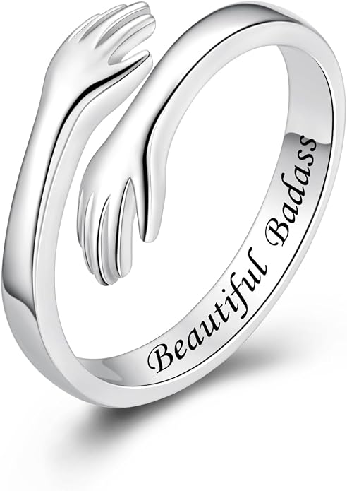 S925 Sterling Silver Hug Rings for Women Teen Girls Adjustable Ring for Granddaughter Daughter Hope Promise Friendship Hand Ring Jewelry for Birthday Graduation Christmas Mothers Day Valentines Gifts
