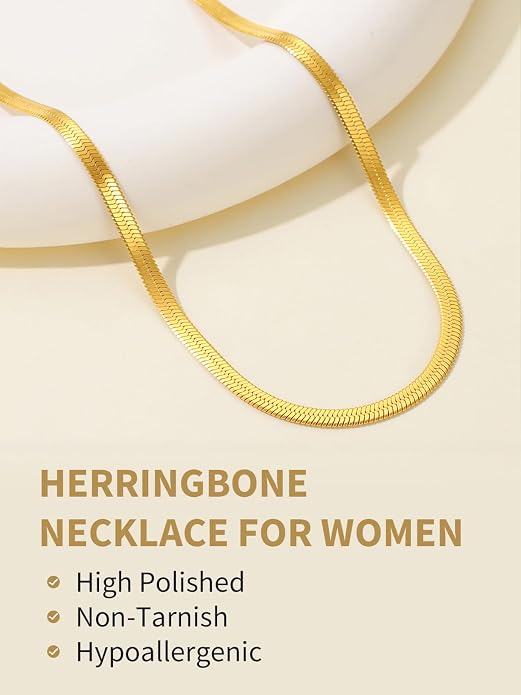 FindChic Black/14K Gold Plated Herringbone Choker Chain Necklace for Women | Waterproof Stainless Steel, Dainty Layering, Flat Snake Chain, Non-Tarnish, Hypoallergenic, Adjustable Extender, Gift Box