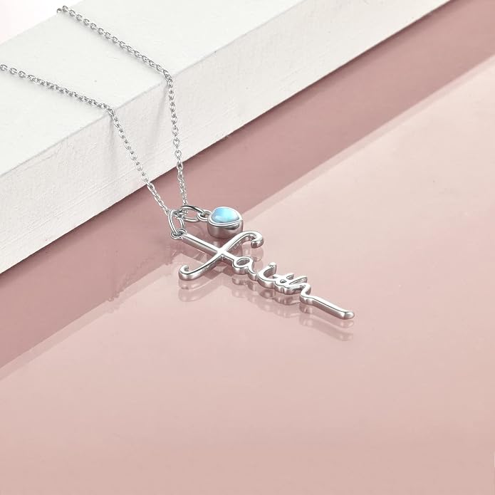 Faith Cross Necklace For Women Birthstone Sterling Silver with Simulated Birthstone Cross Jewelry Christian Gifts