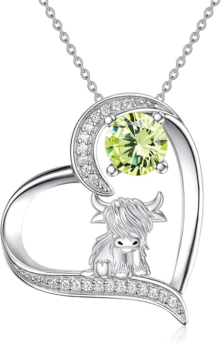 Highland Cow Gifts for Women 925 Sterling Silver Highland Cow Birthstone Necklace Fluffy Cow Jewelry Gifts Birthday Christmas