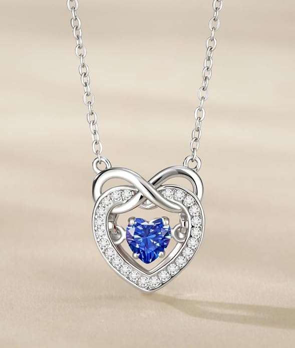 Trendy Dainty Infinity Birthstone Necklace, Dancing Heart 18K White Gold Plated 925 Sterling Silver Heart Necklace, Romantic Love Jewelry Graduation Gifts for Women Her