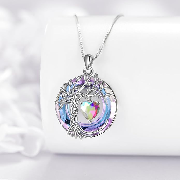 POPLYKE Mothers Day Gifts for Mom Her Wife Tree of Life Necklace 925 Sterling Silver Birthstone Pendant with Crystal Anniversary Birthday Wedding Jewelry for Women