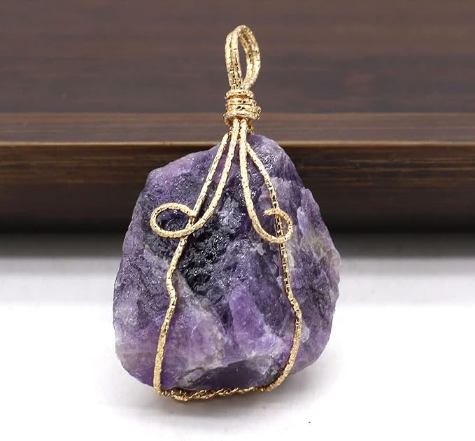 LHJ 6 Pcs Natural Raw Crystal Pendants Irregular Reiki Healing Energy Stone Copper Wrapped for Jewelry Making Necklace Meditation Balance
