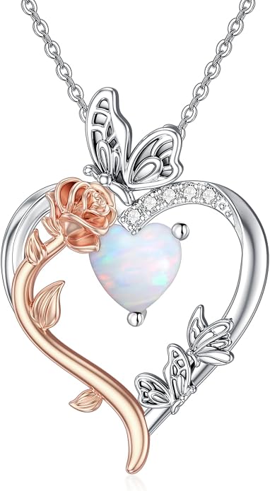 TOUPOP Rose Heart Birthstone Necklace 925 Sterling Silver Heart Butterfly Pendant Love Jewelry Birthday Gifts for Women Wife Mom Her