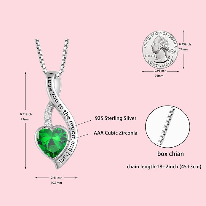I Love You to The Moon and Back Necklace for Women, 925 Sterling Silver Heart Birthstone Pendant Necklace Jewelry Anniversary Birthday Gifts for Girls Women Wife Mom Daughter