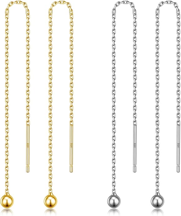 2 Pairs S925 Sterling Silver Chain Threader Earrings For Women Bar Wrap Threader Dangle Drop Earrings Lightweight Minimalist Hypoallergenic Earrings Anniversary Jewelry