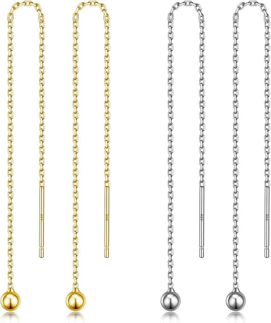 2 Pairs S925 Sterling Silver Chain Threader Earrings For Women Bar Wrap Threader Dangle Drop Earrings Lightweight Minimalist Hypoallergenic Earrings Anniversary Jewelry