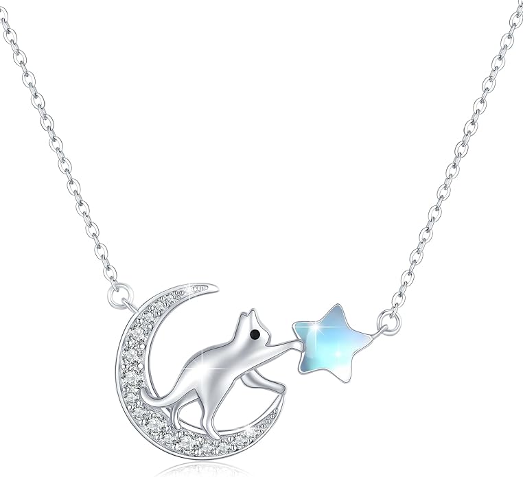 TRISHULA Crescent Moon Necklace 925 Sterling Silver Eye of Horus Animal Moon Pendant with Heart Crystal Birthday Jewelry Gift for Women Christmas Gifts for Her