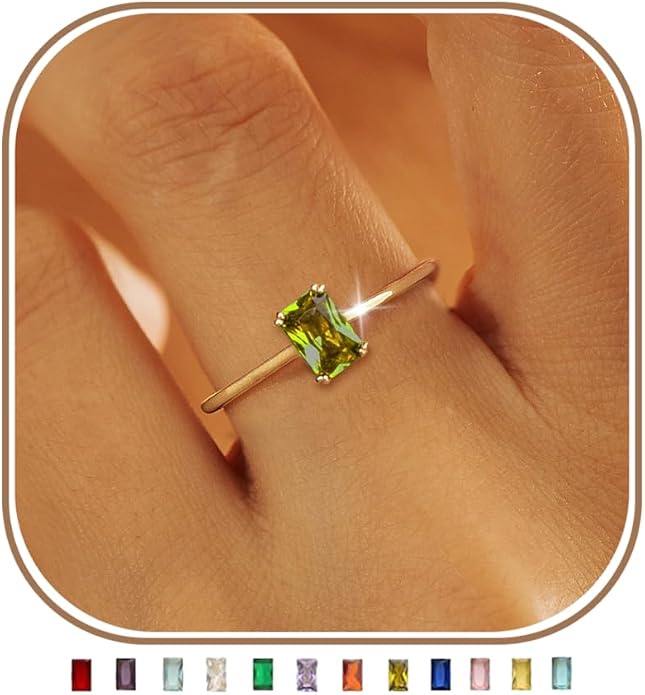 KAERUN Gold Birthstone Rings for Women Non Tarnish 14K Gold Plated Stackable CZ Thumb Eternity Rings Dainty Emerald Green Gemstone Engagement Ring for Mother Lover Birthday Jewelry Gifts Size 6-10
