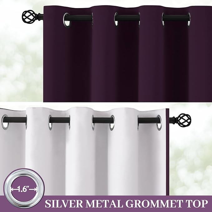 Yakamok Dark Purple 100% Blackout Curtains 84 Inches Long 50" Wide 2 Panels | Blackout Curtain Panels for Bedroom, 2 Thick Layers Grommet Top Thermal Insulated Drapes with White Back for Living Room