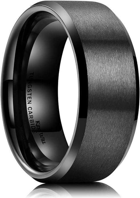 King Will Tungsten Men's Wedding Ring - Available in 6mm to 10mm, Black/Silver, Matte Finish, Beveled Polished Edge, Comfort Fit