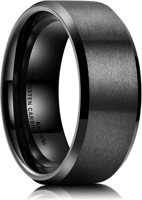 King Will Tungsten Men's Wedding Ring - Available in 6mm to 10mm, Black/Silver, Matte Finish, Beveled Polished Edge, Comfort Fit